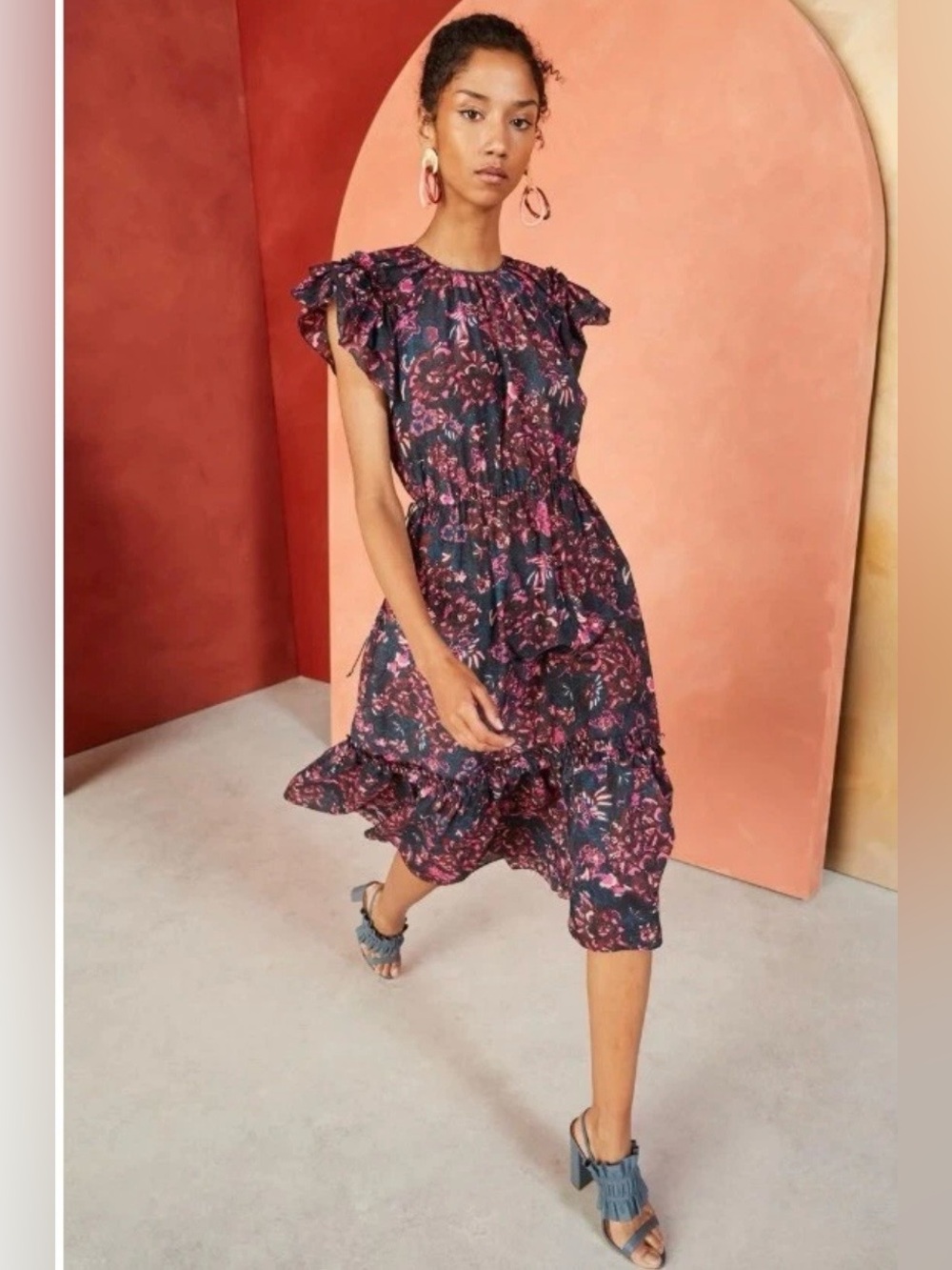 Ulla Johnson Arlene Navy Floral Midi Dress with Pink Accents